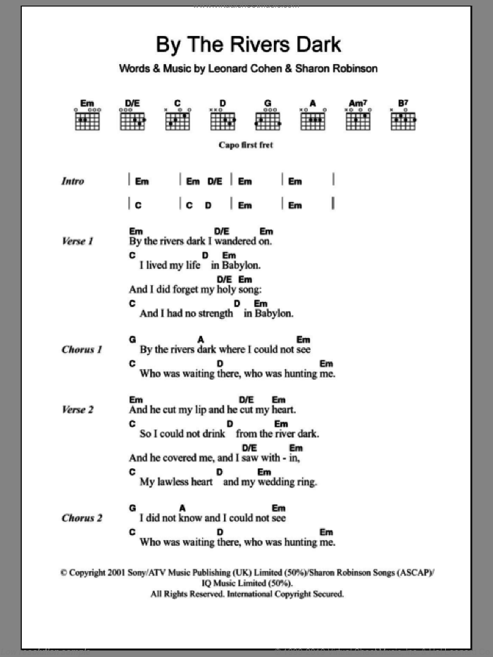 By The Rivers Dark sheet music for guitar (chords) by Leonard Cohen and Sharon Robinson, intermediate skill level