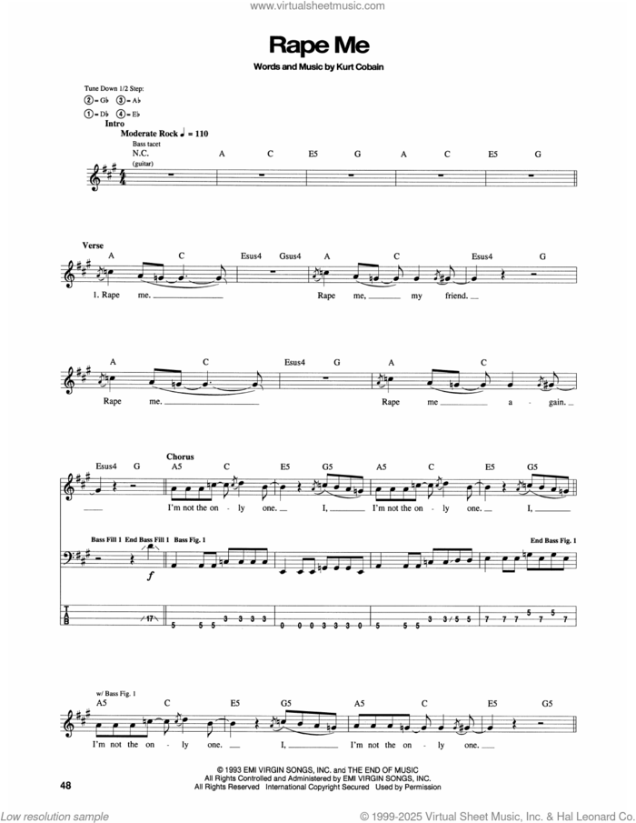 Rape Me sheet music for bass (tablature) (bass guitar) by Nirvana and Kurt Cobain, intermediate skill level