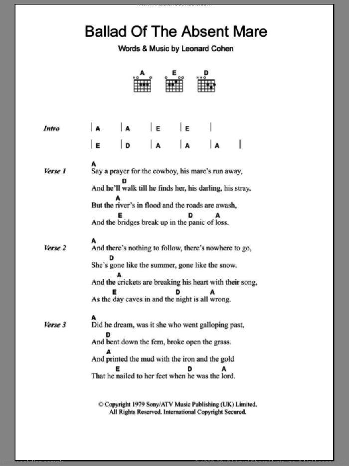 Ballad Of The Absent Mare sheet music for guitar (chords) by Leonard Cohen, intermediate skill level