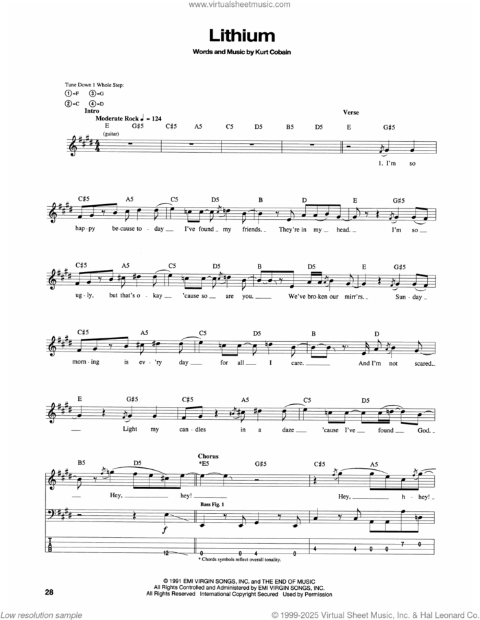 Lithium sheet music for bass (tablature) (bass guitar) by Nirvana and Kurt Cobain, intermediate skill level