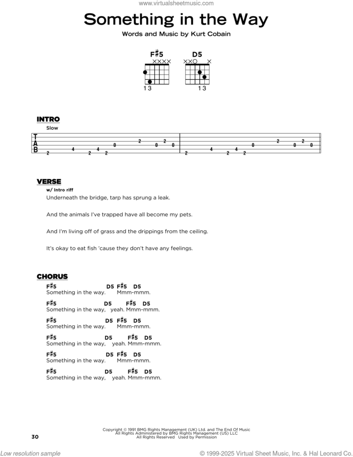 Something In The Way sheet music for guitar solo by Nirvana and Kurt Cobain, beginner skill level