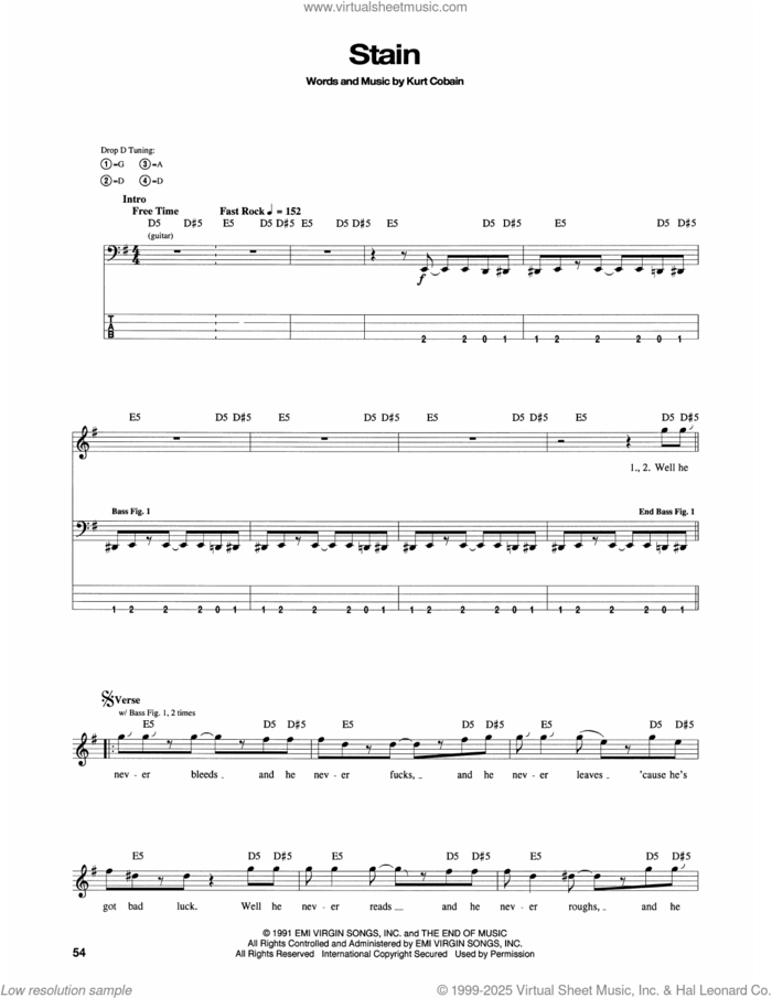 Stain sheet music for bass (tablature) (bass guitar) by Nirvana and Kurt Cobain, intermediate skill level