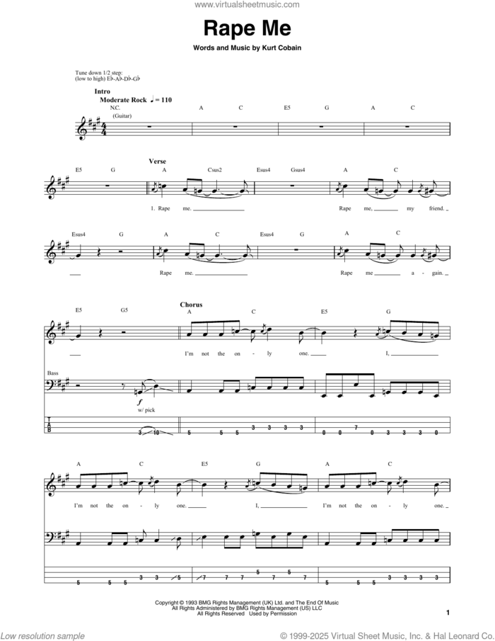 Rape Me sheet music for bass (tablature) (bass guitar) by Nirvana and Kurt Cobain, intermediate skill level