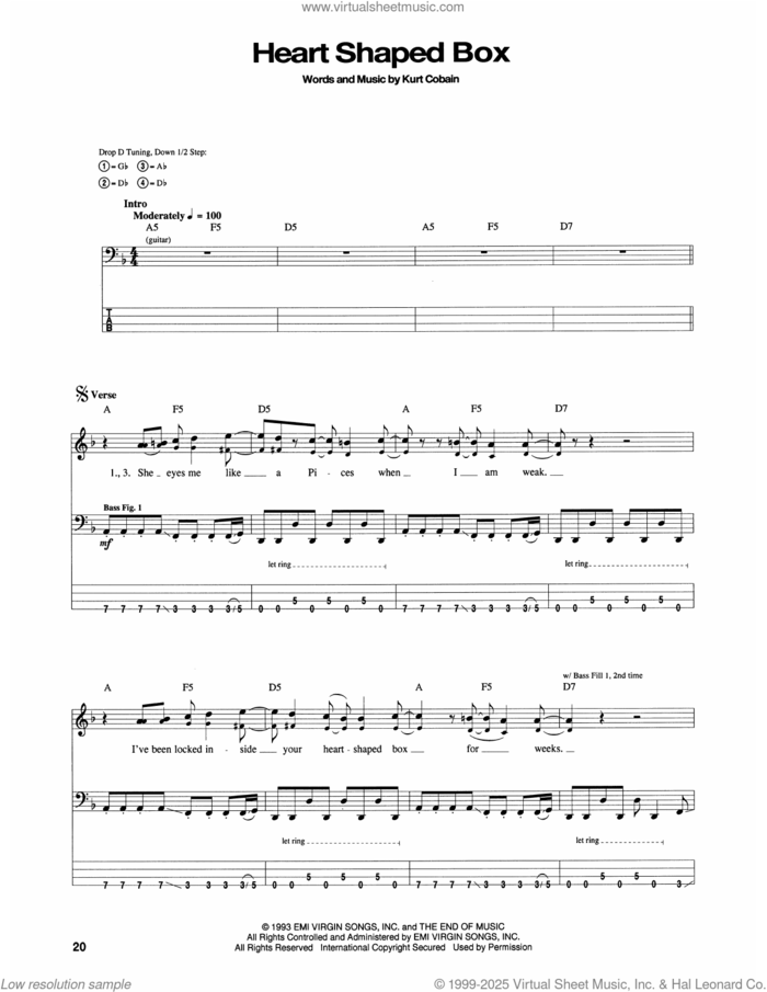 Heart Shaped Box sheet music for bass (tablature) (bass guitar) by Nirvana and Kurt Cobain, intermediate skill level