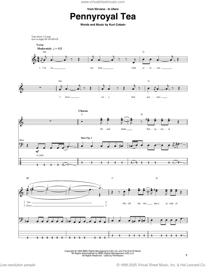 Pennyroyal Tea sheet music for bass (tablature) (bass guitar) by Nirvana and Kurt Cobain, intermediate skill level