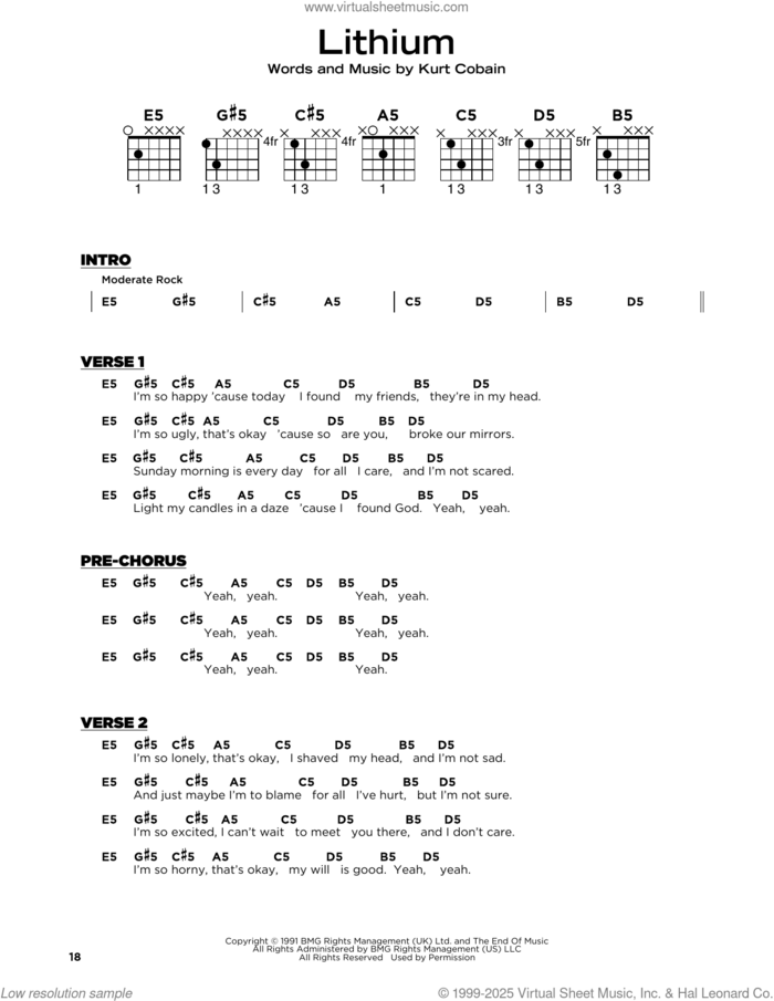 Lithium sheet music for guitar solo by Nirvana and Kurt Cobain, beginner skill level