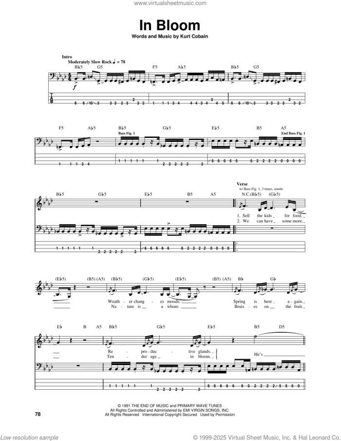 In Bloom sheet music for bass (tablature) (bass guitar) by Nirvana and Kurt Cobain, intermediate skill level