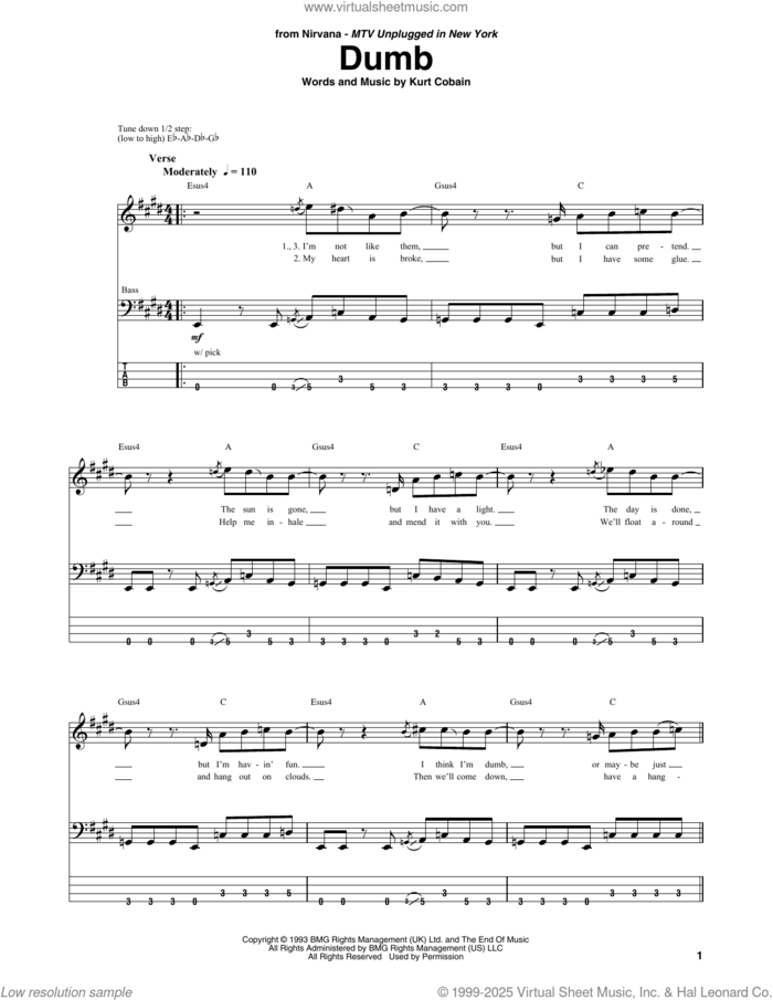 Dumb sheet music for bass (tablature) (bass guitar) by Nirvana and Kurt Cobain, intermediate skill level