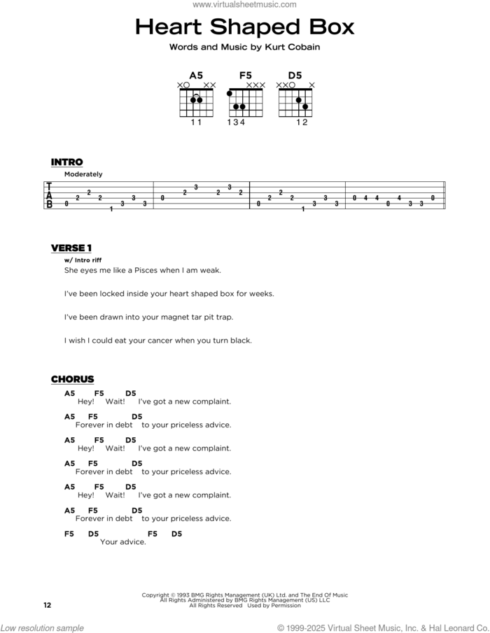 Heart Shaped Box sheet music for guitar solo by Nirvana and Kurt Cobain, beginner skill level