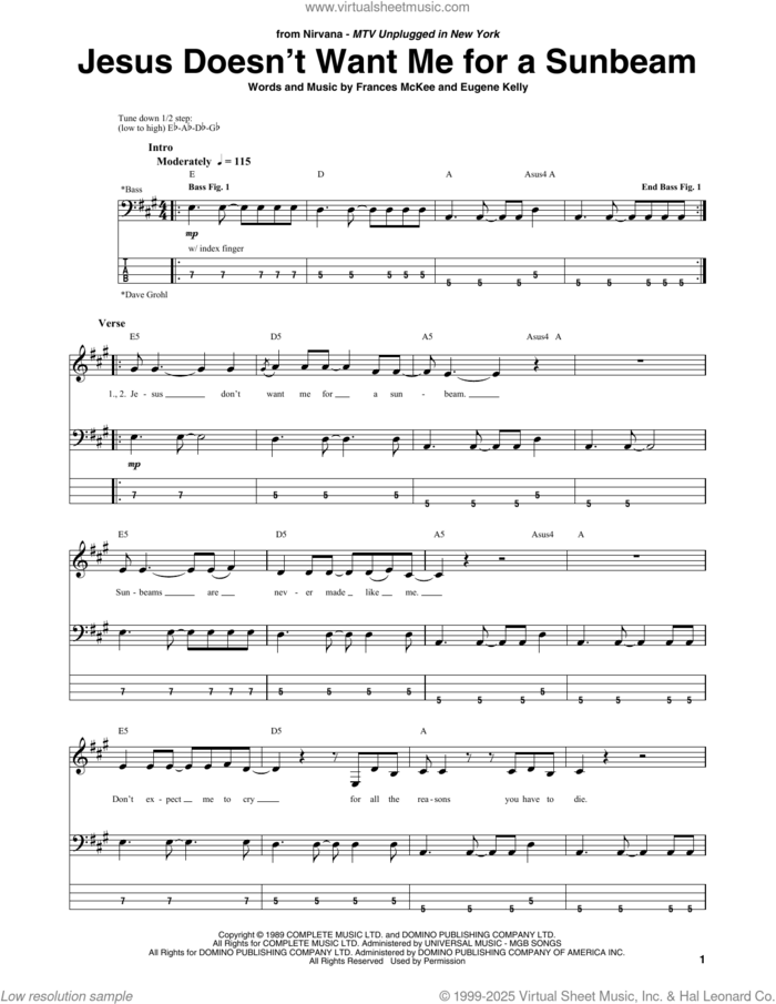 Jesus Doesn't Want Me For A Sunbeam sheet music for bass (tablature) (bass guitar) by Nirvana, Vaselines, Eugene Kelly and Frances McKee, intermediate skill level