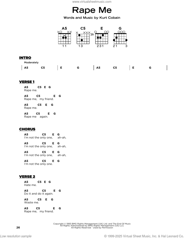 Rape Me sheet music for guitar solo by Nirvana and Kurt Cobain, beginner skill level