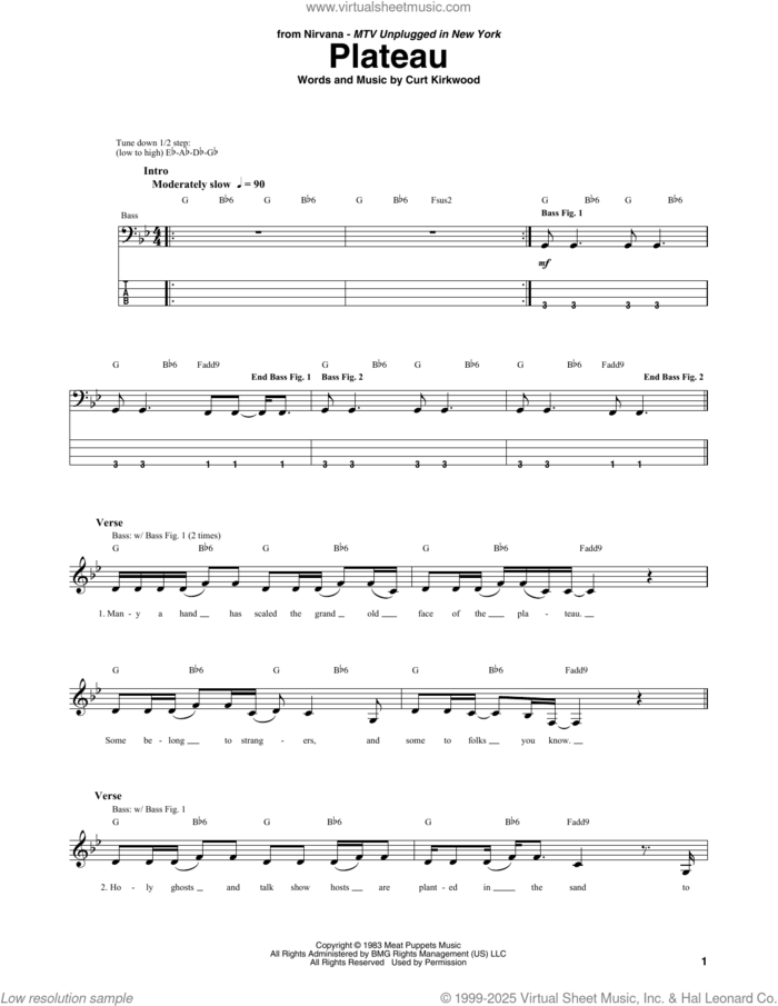 Plateau sheet music for bass (tablature) (bass guitar) by Nirvana, Meat Puppets and Curt Kirkwood, intermediate skill level