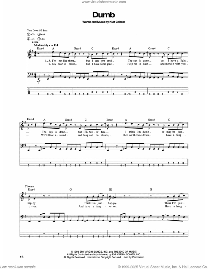 Dumb sheet music for bass (tablature) (bass guitar) by Nirvana and Kurt Cobain, intermediate skill level