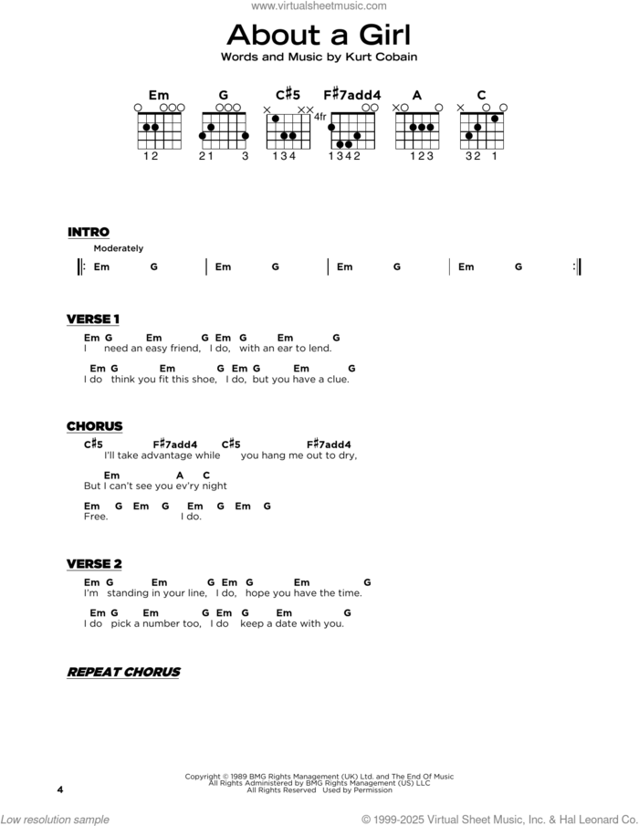 About A Girl sheet music for guitar solo by Nirvana and Kurt Cobain, beginner skill level