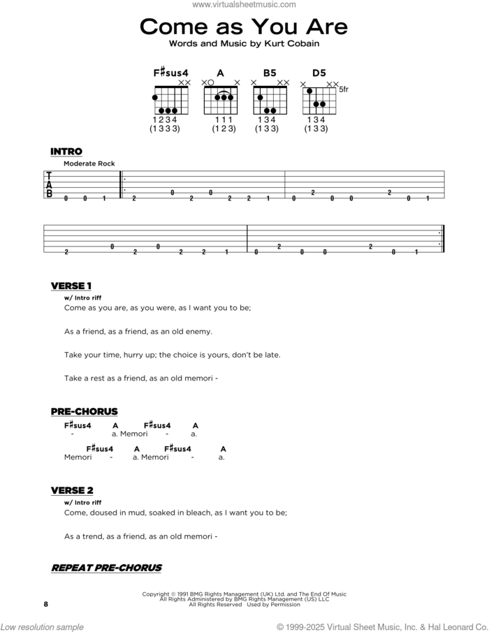 Come As You Are sheet music for guitar solo by Nirvana and Kurt Cobain, beginner skill level