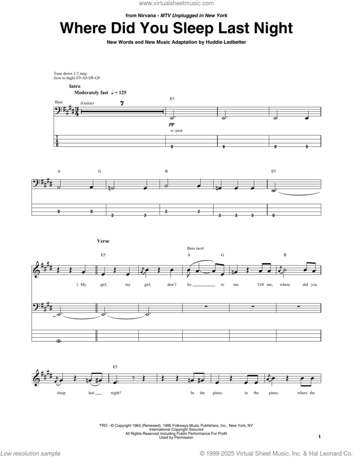 Where Did You Sleep Last Night sheet music for bass (tablature) (bass guitar) by Nirvana, Lead Belly and Huddie Ledbetter, intermediate skill level