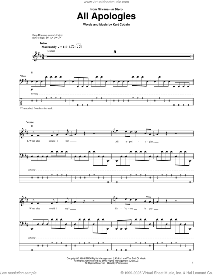 All Apologies sheet music for bass (tablature) (bass guitar) by Nirvana and Kurt Cobain, intermediate skill level