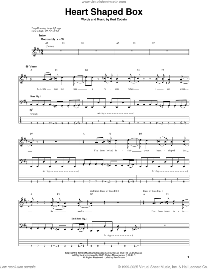 Heart Shaped Box sheet music for bass (tablature) (bass guitar) by Nirvana and Kurt Cobain, intermediate skill level