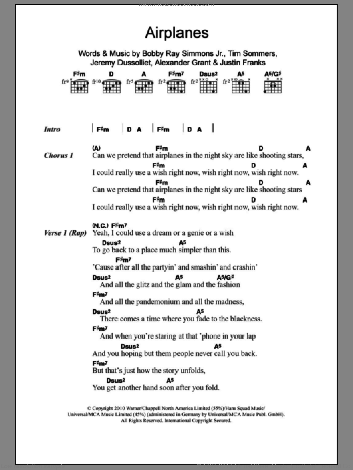 Airplanes sheet music for guitar (chords) by B.o.B. featuring Hayley Williams, Alexander Grant, Bobby Ray Simmons Jr., Jeremy Dussolliet, Justin Franks and Tim Sommers, intermediate skill level