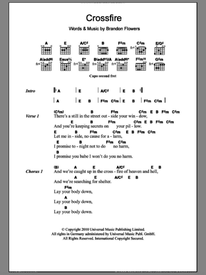 Crossfire sheet music for guitar (chords) by Brandon Flowers, intermediate skill level