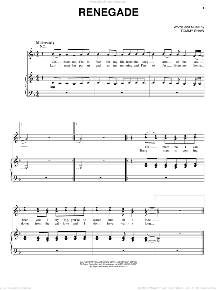 Renegade sheet music for voice, piano or guitar by Styx, Rock Of Ages (Musical) and Tommy Shaw, intermediate skill level