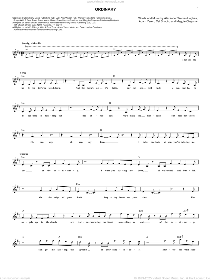 Ordinary sheet music for voice and other instruments (fake book) by Alex Warren, Adam Yaron, Alexander Warren Hughes, Cal Shapiro and Maggie Chapman, intermediate skill level