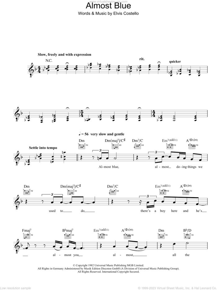 Almost Blue sheet music for voice and other instruments (fake book) by Diana Krall and Elvis Costello, intermediate skill level