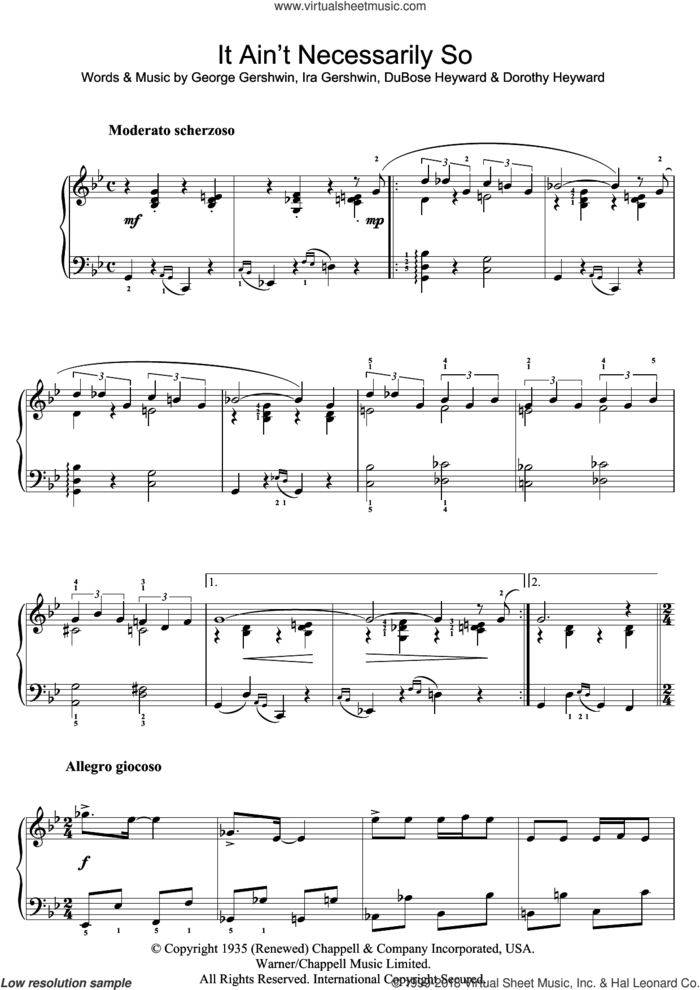 It Ain't Necessarily So (from Porgy And Bess) sheet music for piano solo by George Gershwin, Dorothy Heyward, DuBose Heyward and Ira Gershwin, easy skill level