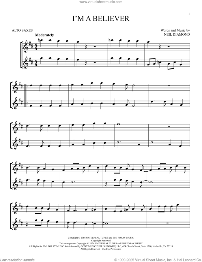 I'm A Believer sheet music for two alto saxophones (duets) by The Monkees and Neil Diamond, intermediate skill level