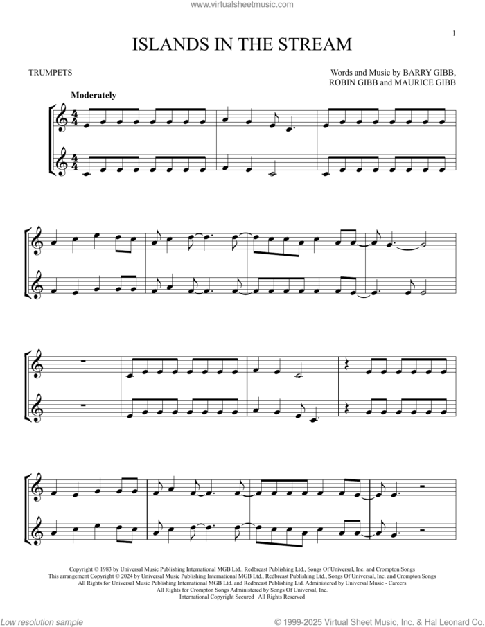 Islands In The Stream sheet music for two trumpets (duet, duets) by Kenny Rogers & Dolly Parton, Barry Gibb, Maurice Gibb and Robin Gibb, intermediate skill level