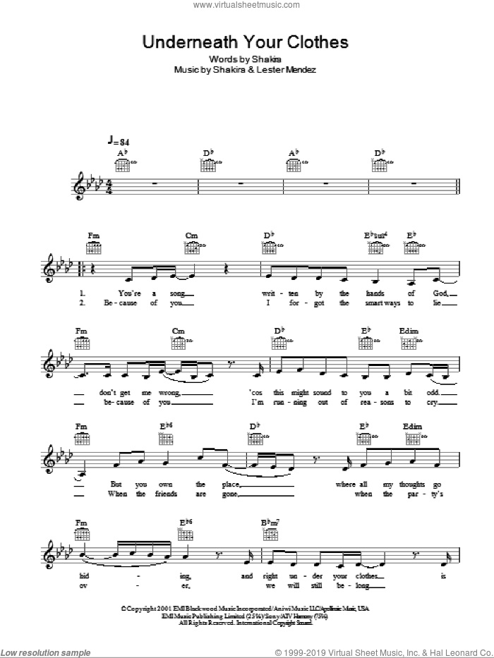 Underneath Your Clothes sheet music for voice and other instruments (fake book) by Shakira and Lester Mendez, intermediate skill level