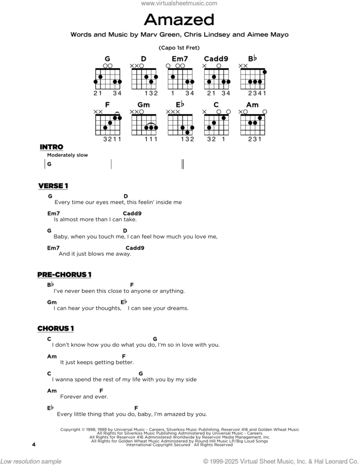 Amazed sheet music for guitar solo by Lonestar, Aimee Mayo, Chris Lindsey and Marv Green, beginner skill level