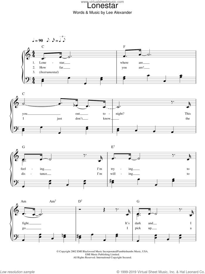 Lonestar, (easy) sheet music for piano solo by Norah Jones and Lee Alexander, easy skill level