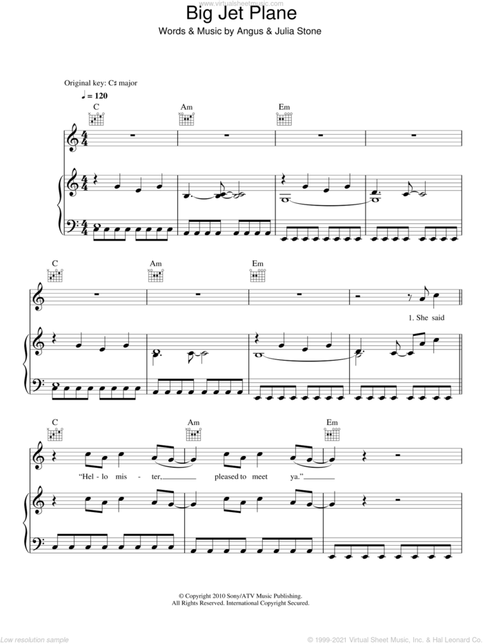 Big Jet Plane sheet music for voice, piano or guitar by Julia Stone and Angus Stone, intermediate skill level