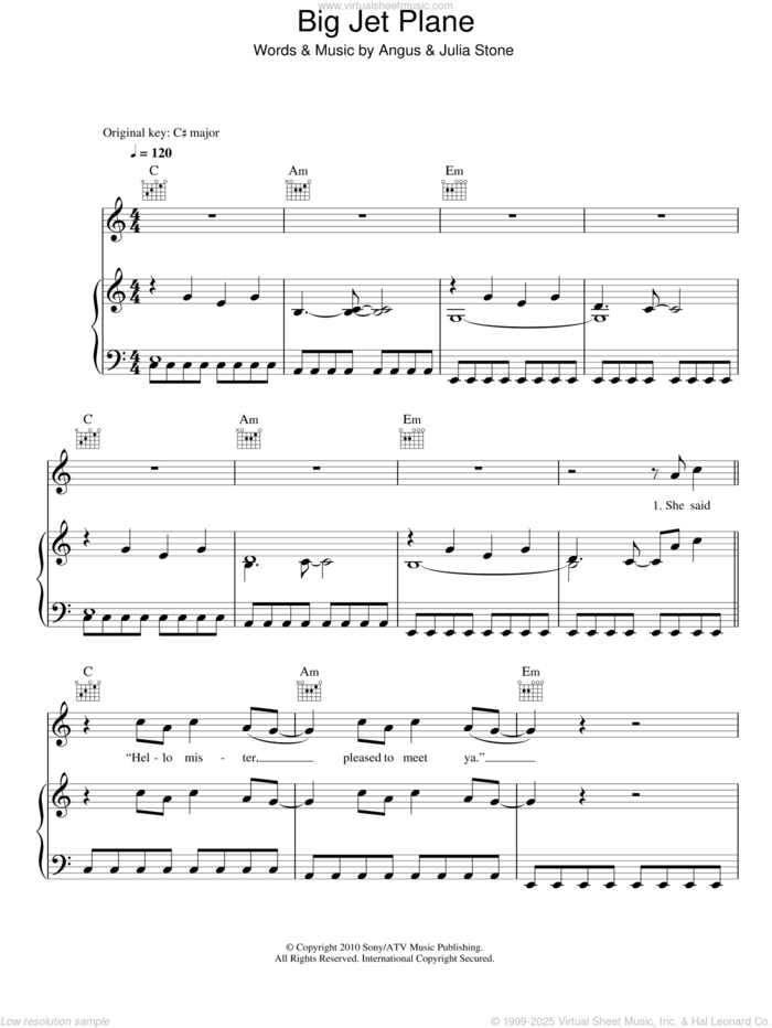 Big Jet Plane sheet music for voice, piano or guitar by Julia Stone and Angus Stone, intermediate skill level