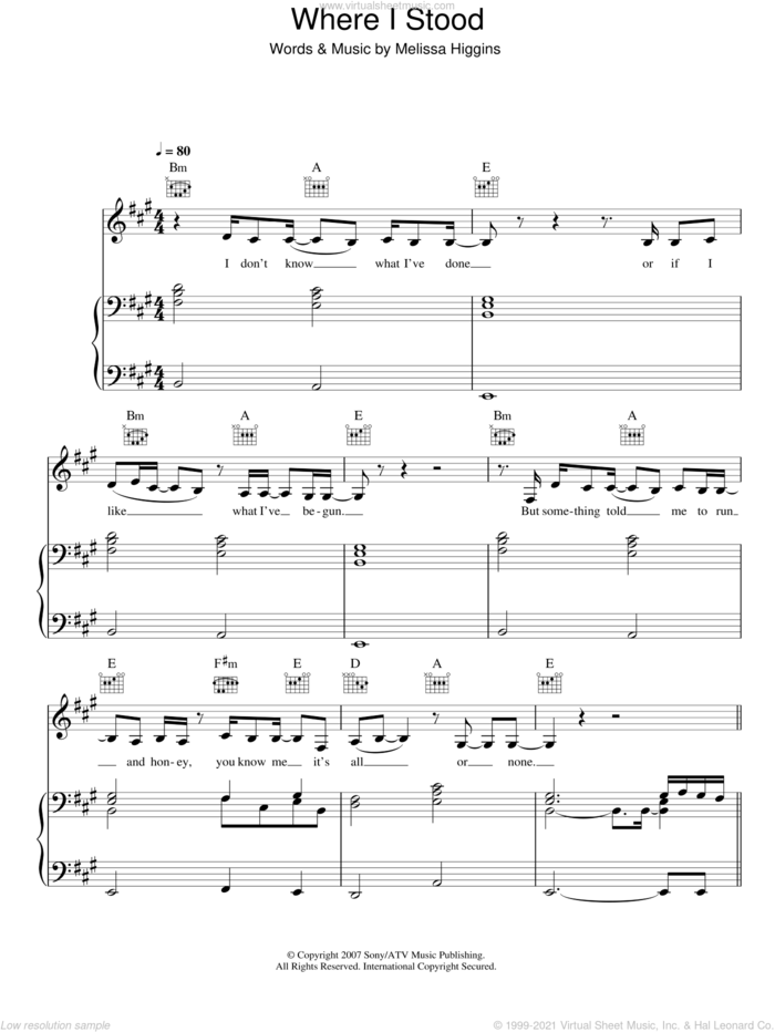 Where I Stood sheet music for voice, piano or guitar by Missy Higgins and Melissa Higgins, intermediate skill level