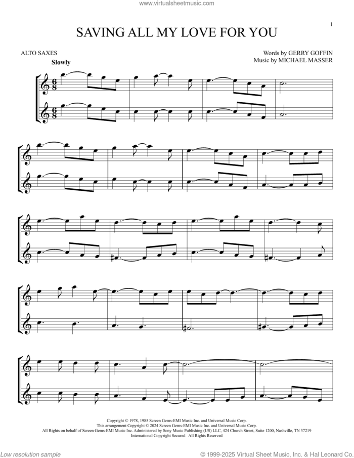 Saving All My Love For You sheet music for two alto saxophones (duets) by Whitney Houston, Gerry Goffin and Michael Masser, intermediate skill level