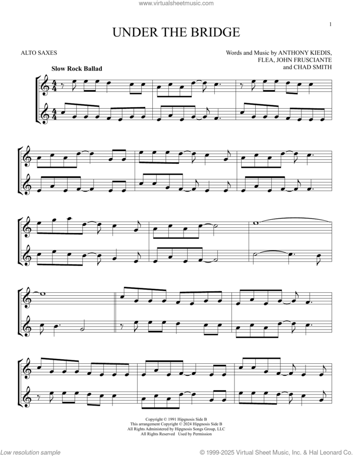 Under The Bridge sheet music for two alto saxophones (duets) by Red Hot Chili Peppers, Anthony Kiedis, Chad Smith, Flea and John Frusciante, intermediate skill level