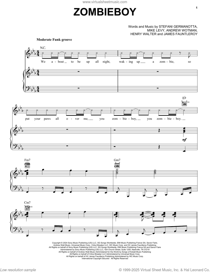 Zombieboy sheet music for voice, piano or guitar by Lady Gaga, Andrew Wotman (Andrew Watt), Henry Walter, James Fauntleroy and Mike Levy, intermediate skill level