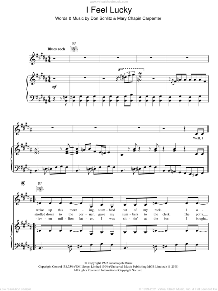 I Feel Lucky sheet music for voice, piano or guitar by Mary Chapin Carpenter and Don Schlitz, intermediate skill level