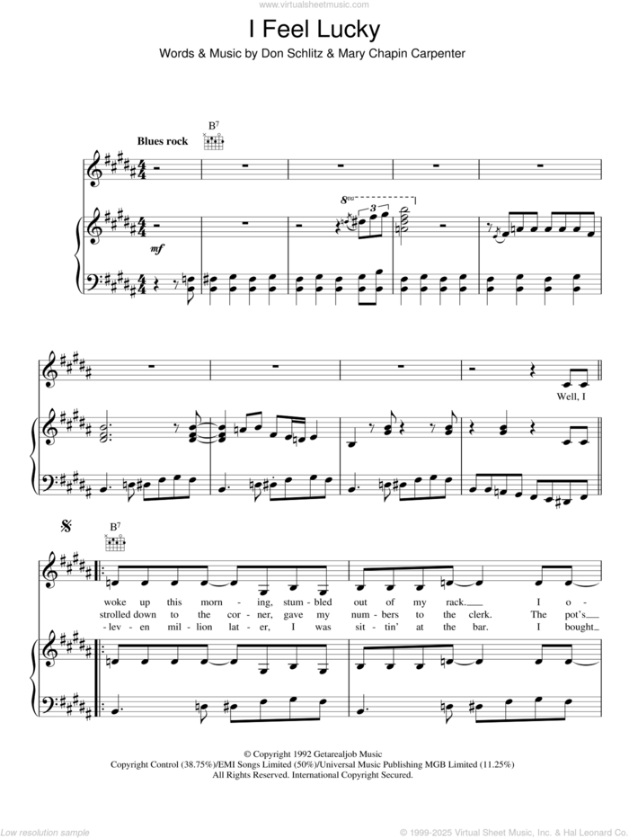 I Feel Lucky sheet music for voice, piano or guitar by Mary Chapin Carpenter and Don Schlitz, intermediate skill level