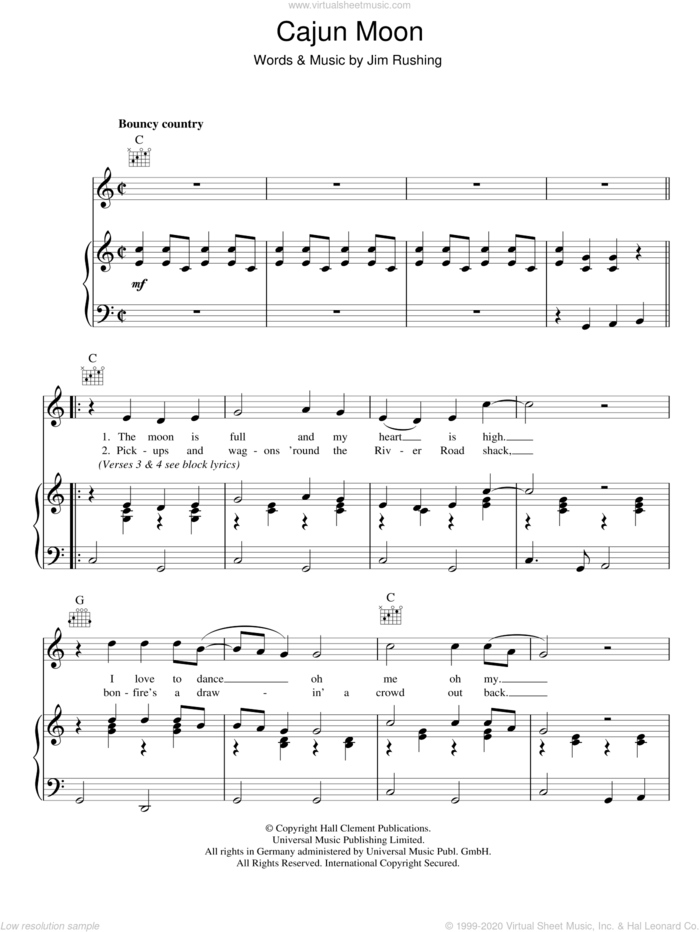 Cajun Moon sheet music for voice, piano or guitar by Ricky Skaggs and Jim Rushing, intermediate skill level