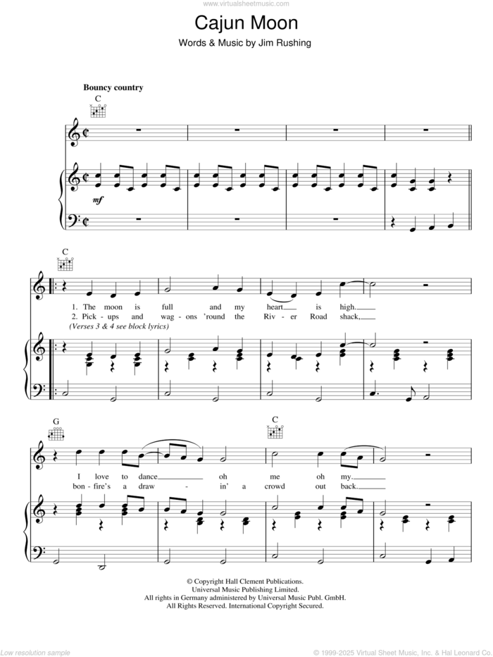 Cajun Moon sheet music for voice, piano or guitar by Ricky Skaggs and Jim Rushing, intermediate skill level