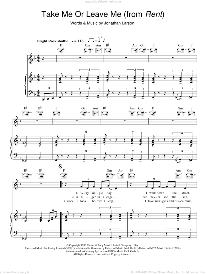Take Me Or Leave Me sheet music for voice, piano or guitar by Jonathan Larson and Rent (Musical), intermediate skill level
