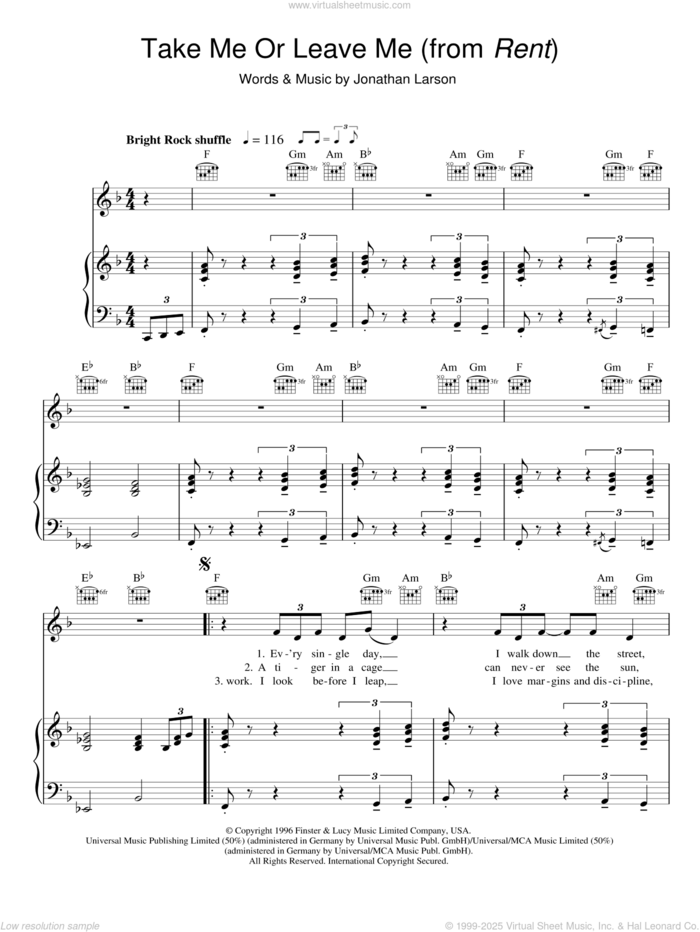 Take Me Or Leave Me sheet music for voice, piano or guitar by Jonathan Larson and Rent (Musical), intermediate skill level