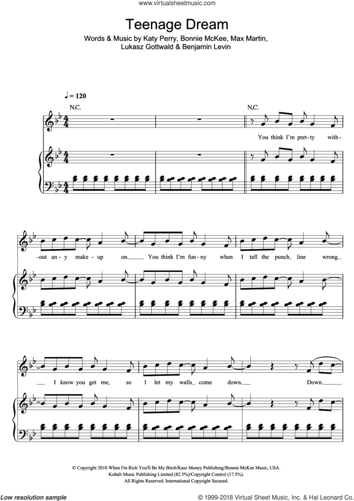 Teenage Dream sheet music for voice, piano or guitar by Katy Perry, Benjamin Levin, Bonnie McKee, Lukasz Gottwald and Max Martin, intermediate skill level