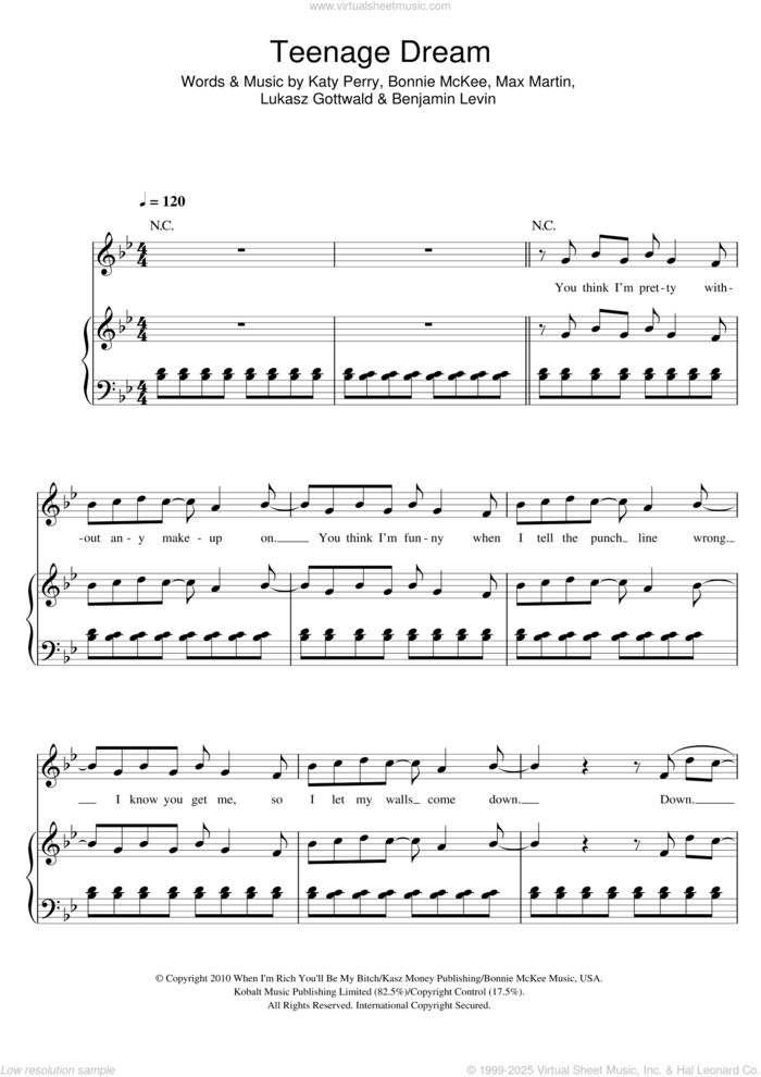 Teenage Dream sheet music for voice, piano or guitar by Katy Perry, Benjamin Levin, Bonnie McKee, Lukasz Gottwald and Max Martin, intermediate skill level