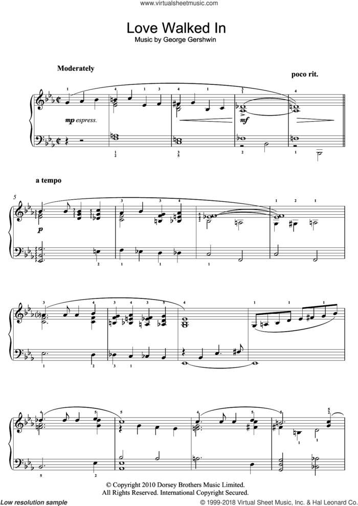 Love Walked In, (easy) sheet music for piano solo by George Gershwin, easy skill level
