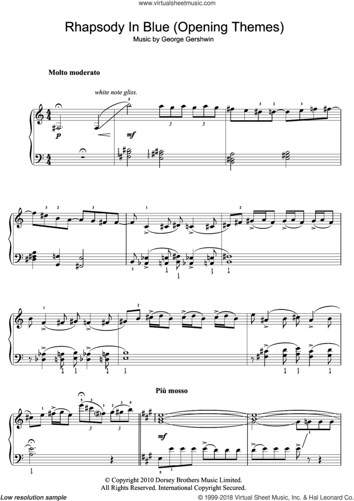 Rhapsody In Blue (Opening Themes) sheet music for piano solo by George Gershwin, easy skill level
