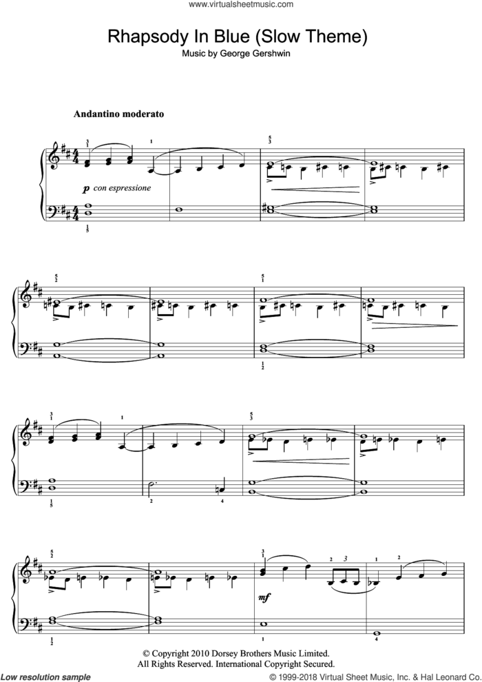 Rhapsody In Blue (Slow Theme), (easy) (Slow Theme) sheet music for piano solo by George Gershwin, easy skill level